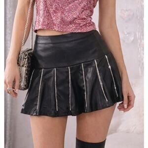 VTG Y2K Rhinestone Pleated Vegan Leather Micro Mini Skirt Large Black 90s Retro